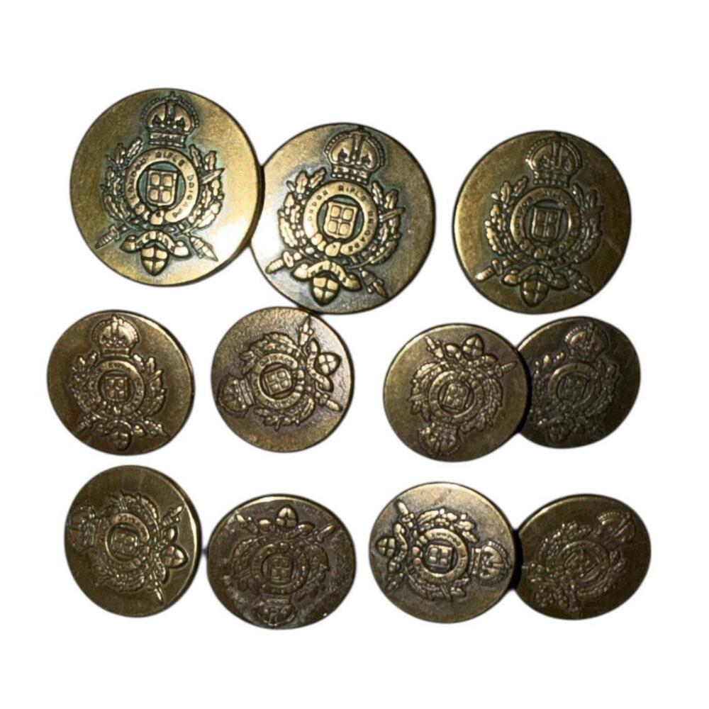 British Brass Military Button Lot 11pc Crown‎ Crest w London Rifle Brigade